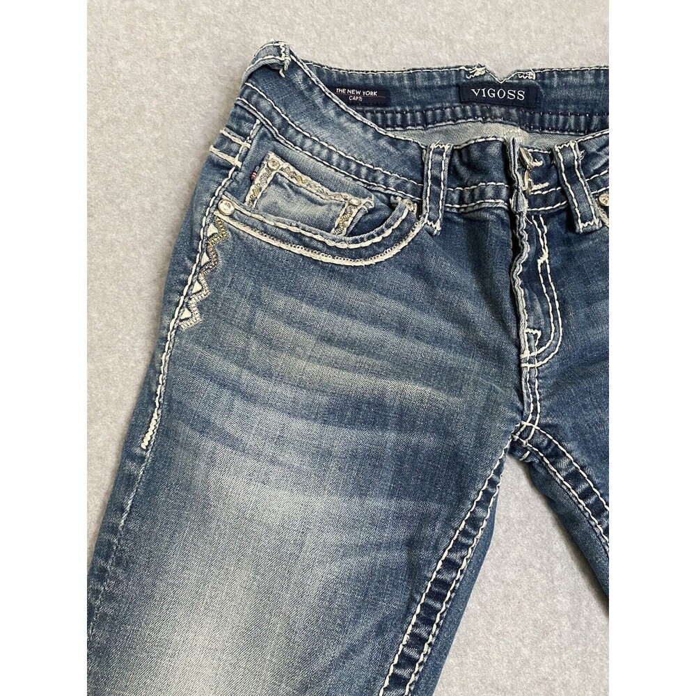Vigoss Jeans Capri Bling Women's 27 Denim Blue New York Capri Y2K Pants Gems - Picture 12 of 16